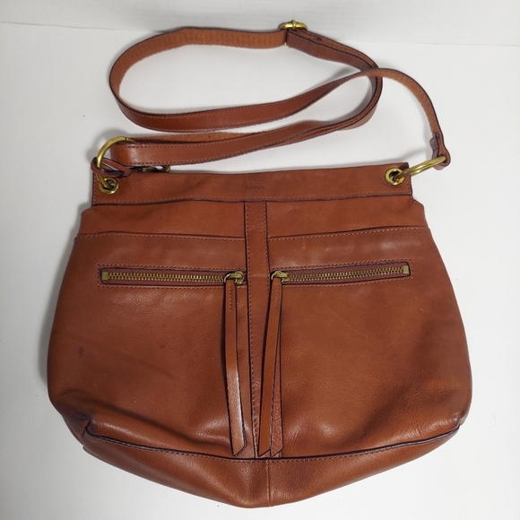 Fossil Handbags - FOSSIL Crossbody Purse Soft Genuine Leather Bag Saddle Brown w Gold Key Charm